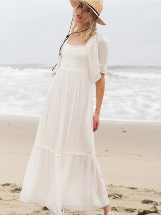 Listicle Dresses & Skirts - Listicle NWOT White Smocked Square Neck Tiered Maxi Dress Boho Bridal - Medium